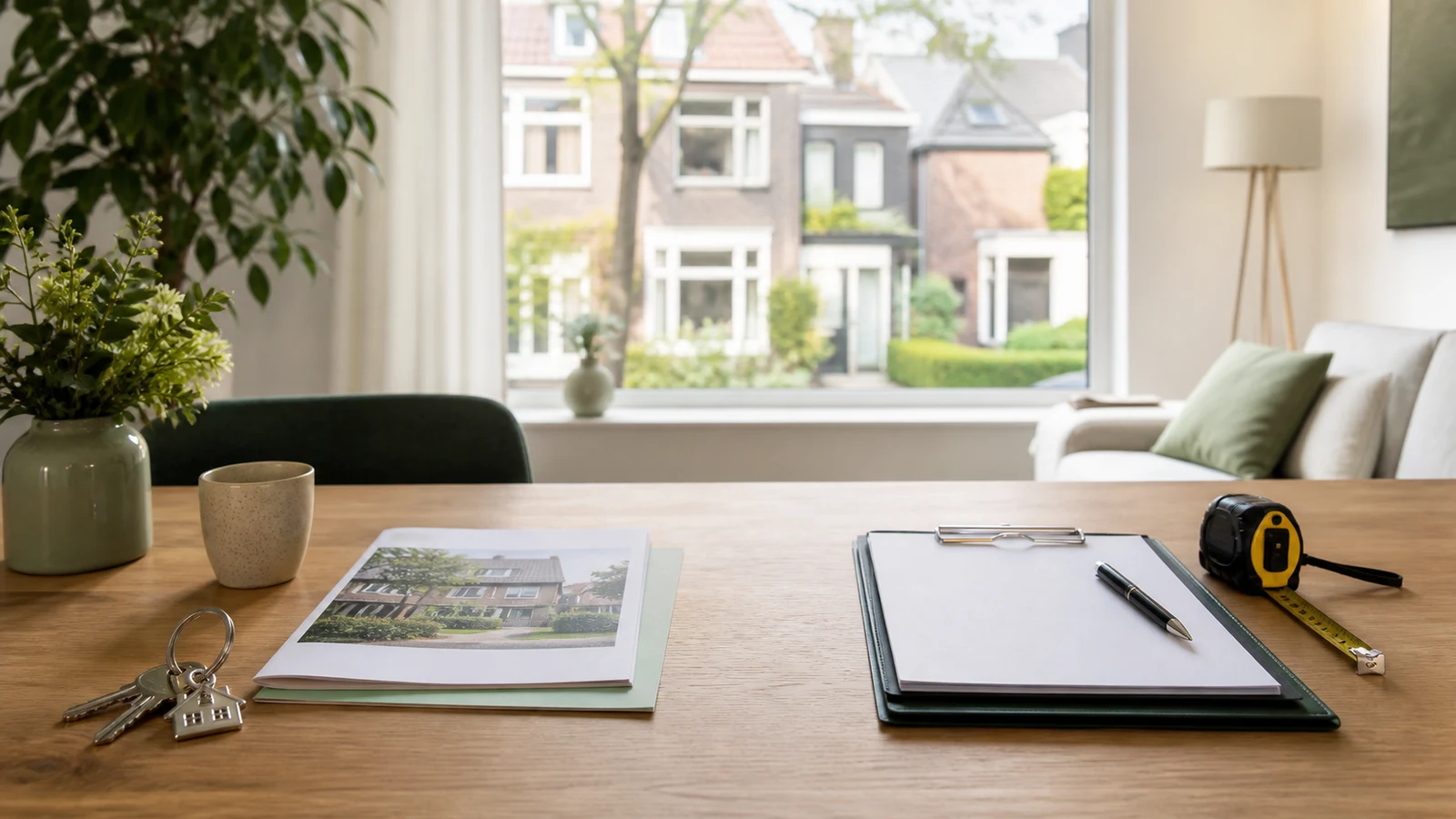 Een Nederlands interieur met een verkoopmap en huissleutels naast een leeg taxatieklembord en meetlint