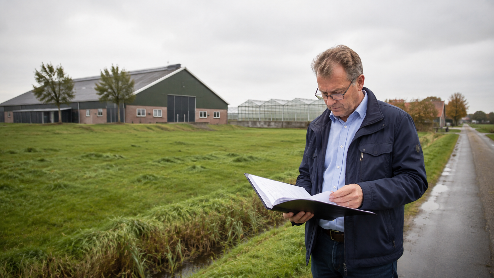 Een taxateur beoordeelt landbouwgrond, agrarische gebouwen en gegevens van een agrarisch bedrijf