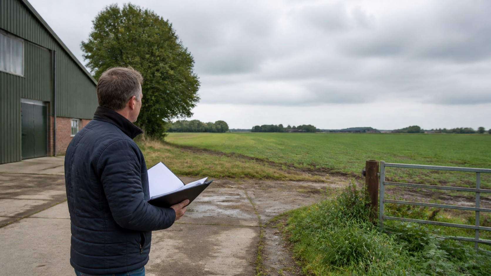 Een taxateur bekijkt een boerderij, landbouwgrond en een landelijk taxatiedossier in Nederland