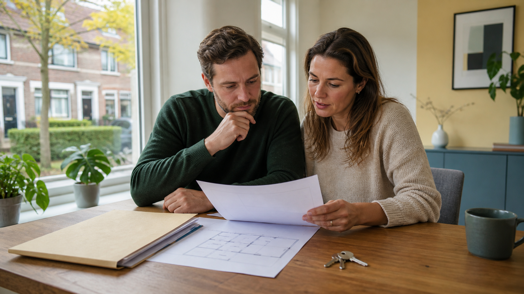 Een stel bekijkt een taxatierapport en documenten voor de aankoop van een woning aan een Nederlandse eettafel