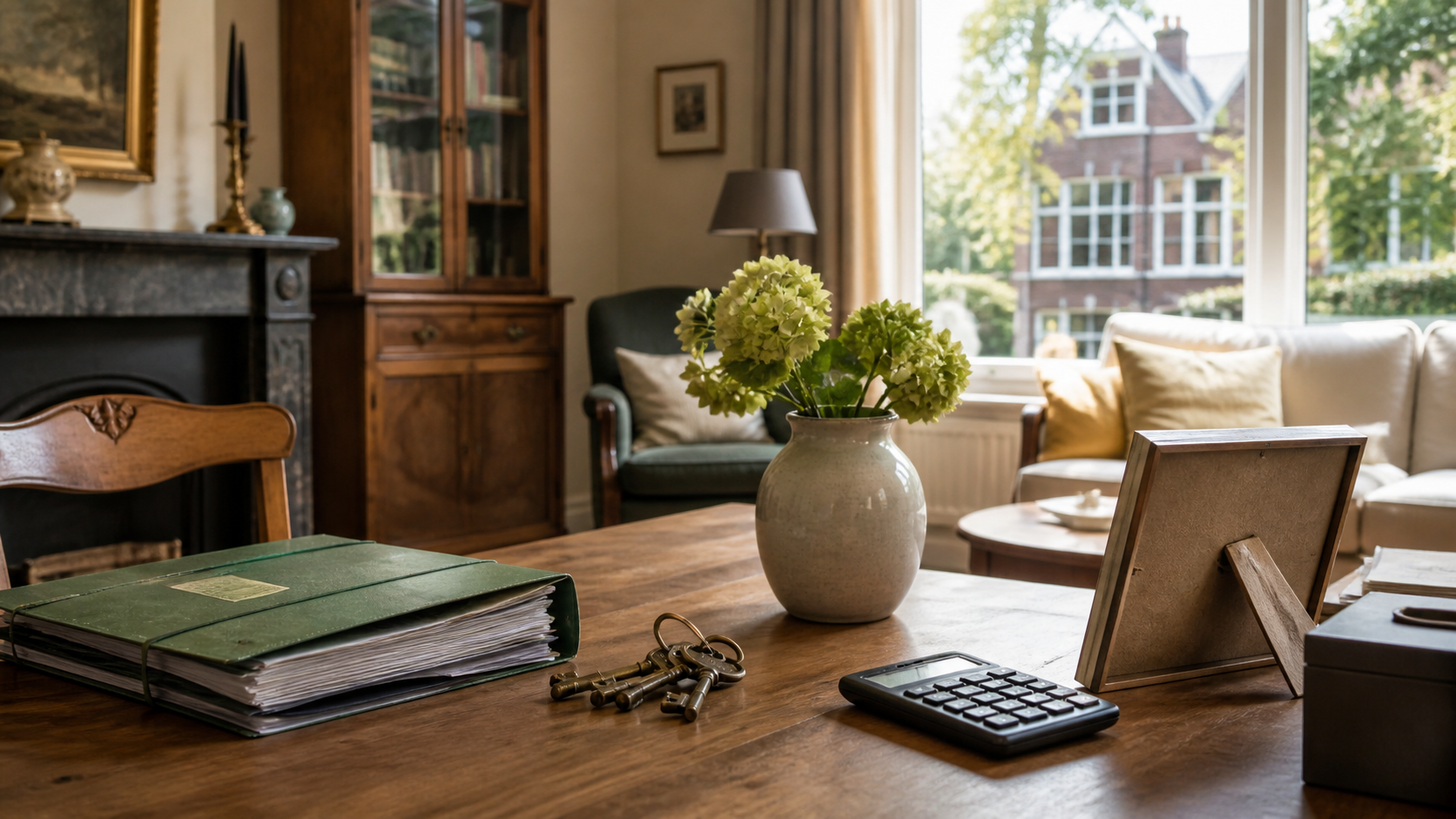 Een zorgvuldig dossier voor een geërfde woning met huissleutels, een map en een rekenmachine