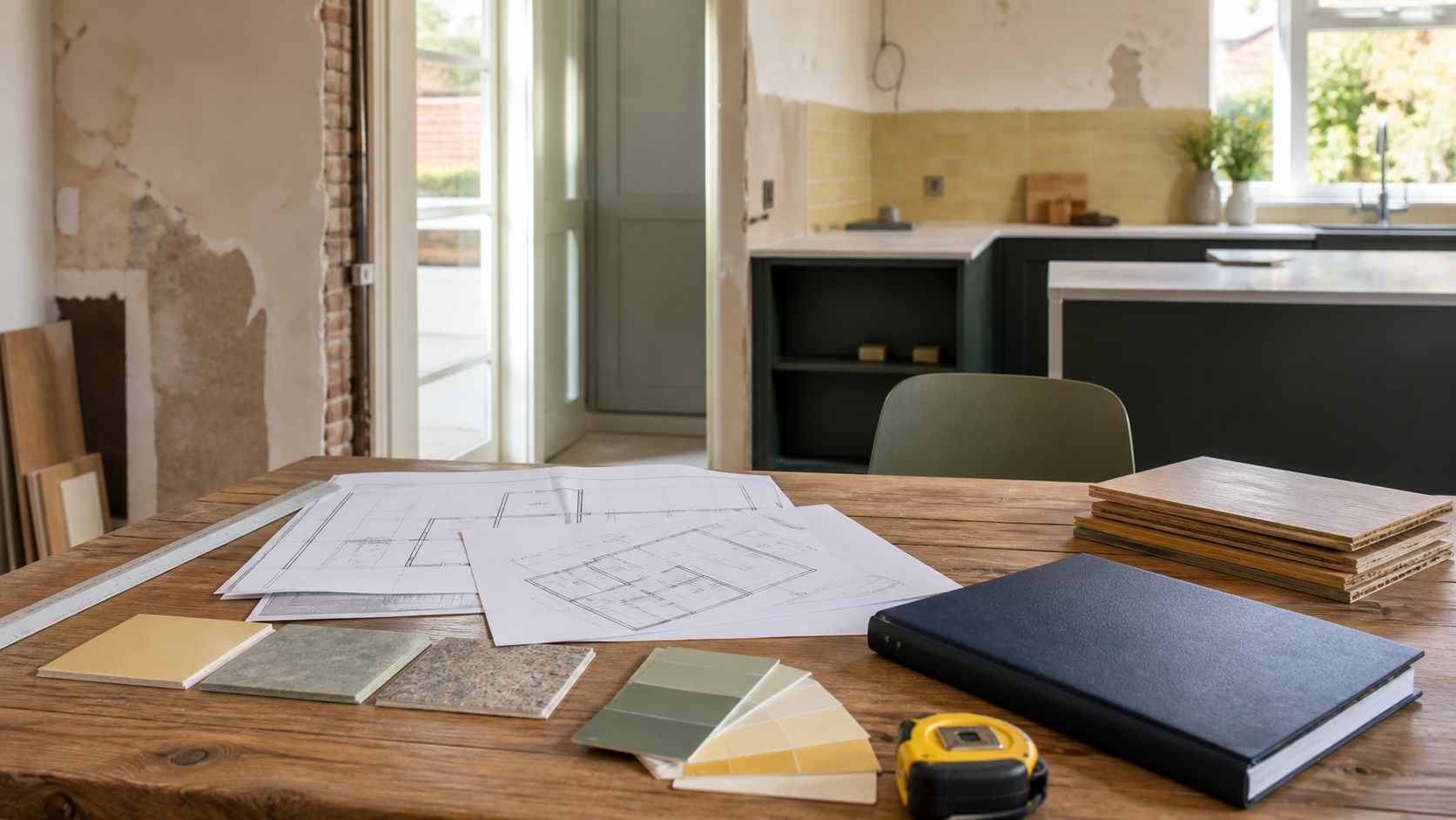 Een verbouwingsplan met bouwtekeningen, materiaalstalen, een meetlint en een taxatierapport in een Nederlandse woning