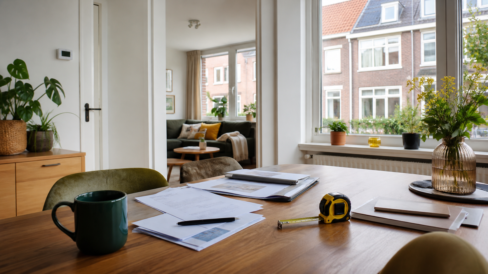 Een verkoopdossier met woningdocumenten, een meetlint en een Nederlands interieur