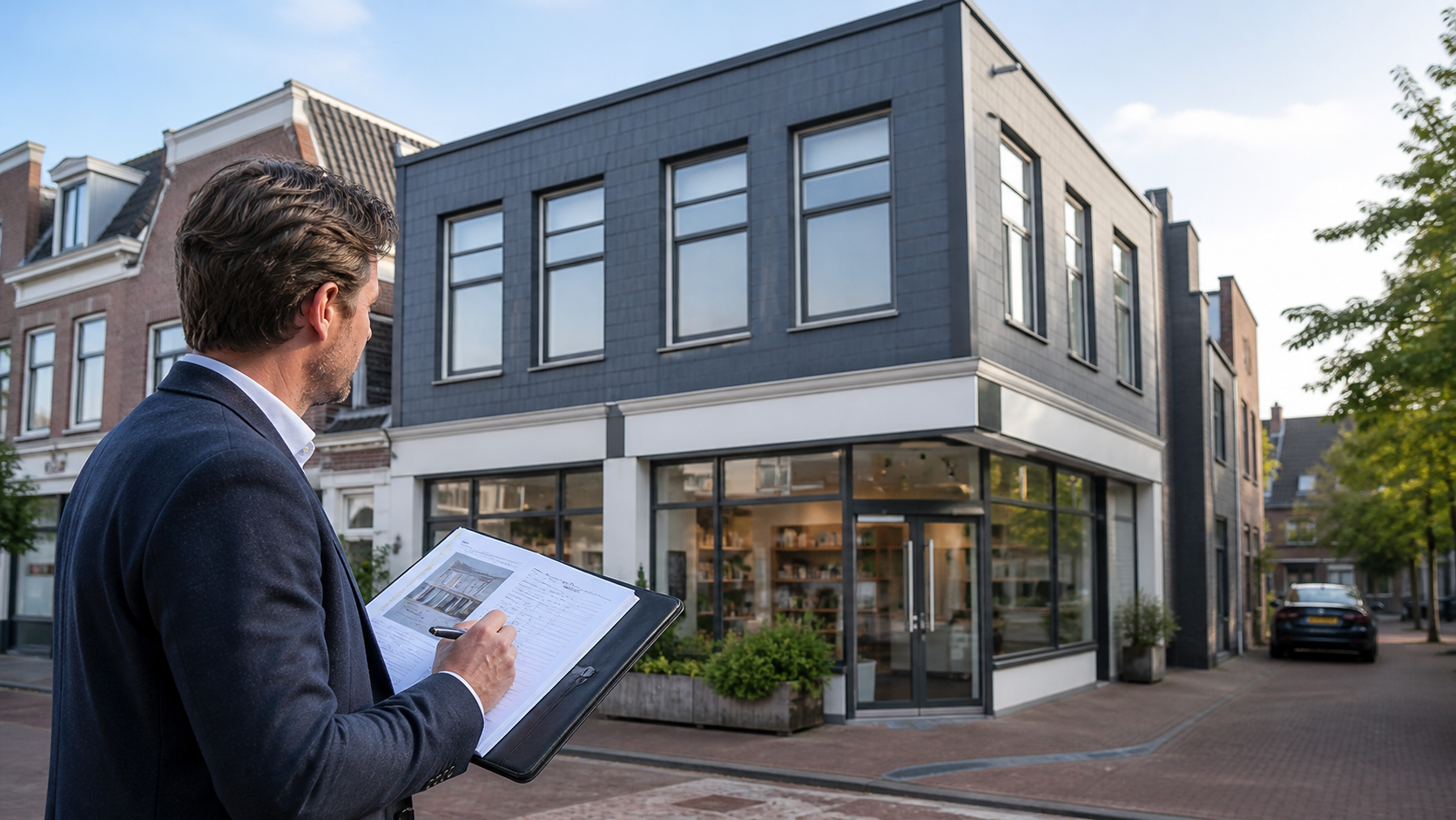 Een taxateur bekijkt een bedrijfsgebouw en taxatiedossier in een Nederlandse stad
