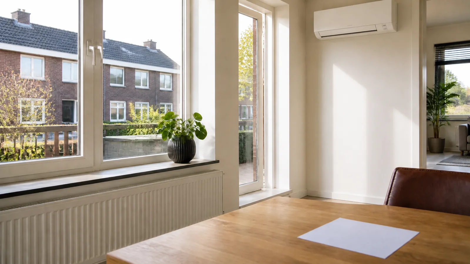 Energiezuinige ramen, isolatie en een aan de muur gemonteerde warmtepomp in een Nederlandse woning