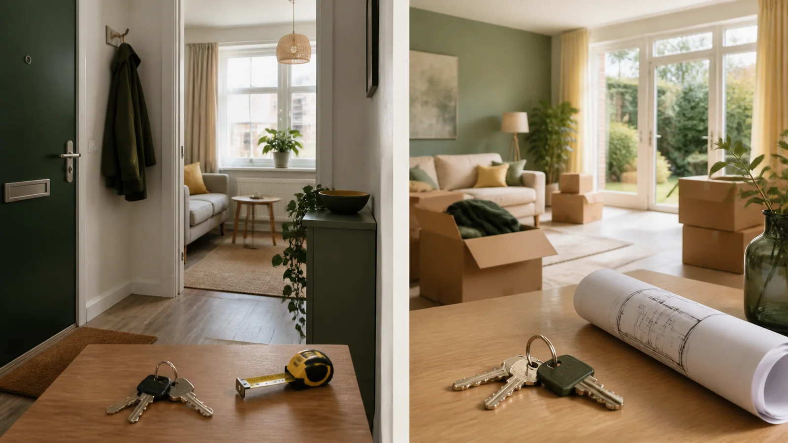 Een compacte eerste woning en een grotere verhuiswoning met sleutels, dozen en een bouwtekening