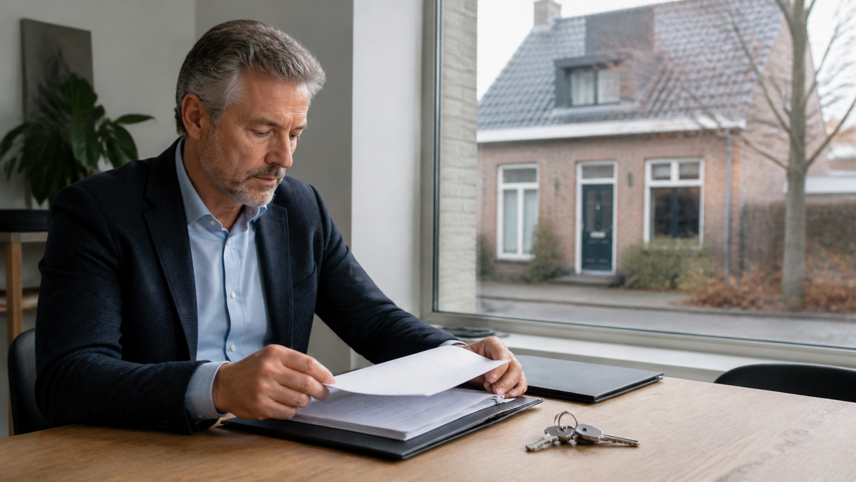 Een taxateur bekijkt een woningdossier en sleutels in een Nederlandse woning