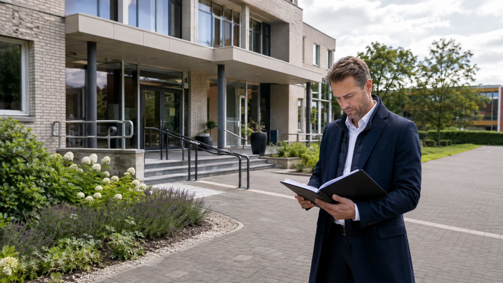 Een taxateur bekijkt een zorggebouw, toegangsplan en taxatiedossier in Nederland