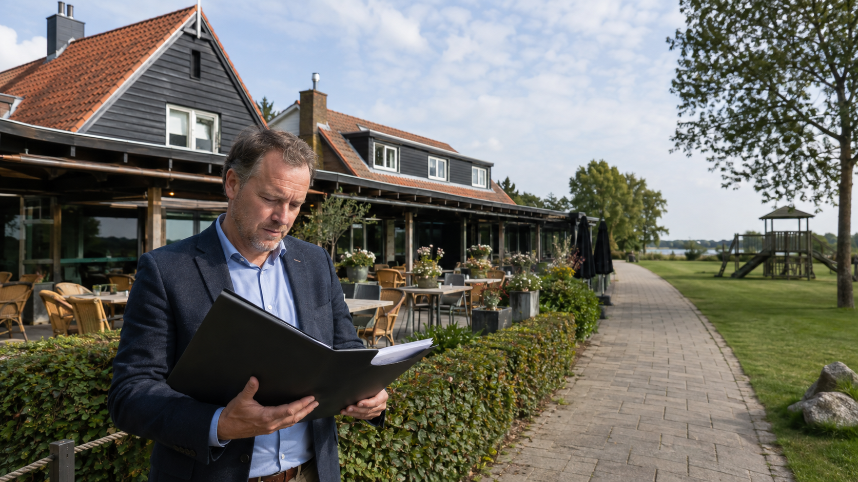 Een taxateur bekijkt een horecapand, terras en taxatiedossier in Nederland