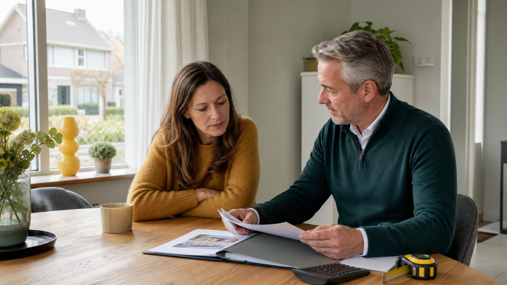 Een woningeigenaar en taxateur bekijken samen een taxatiedossier aan een Nederlandse eettafel