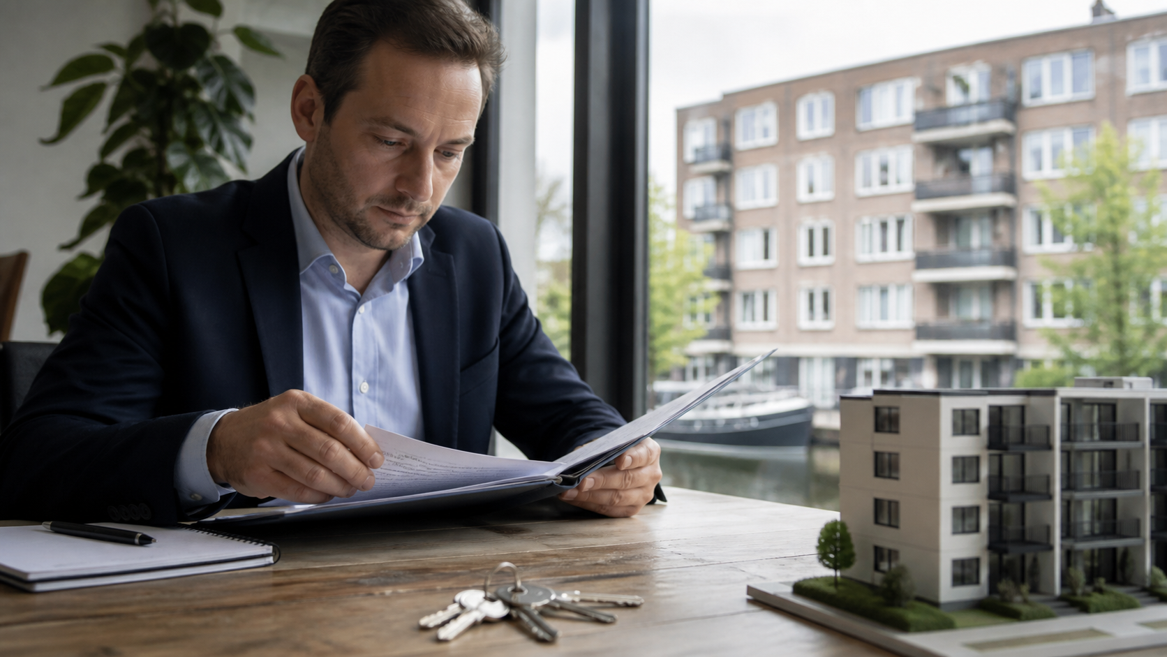 Een taxateur bekijkt een verhuurd-vastgoeddossier naast sleutels en een appartementenmodel
