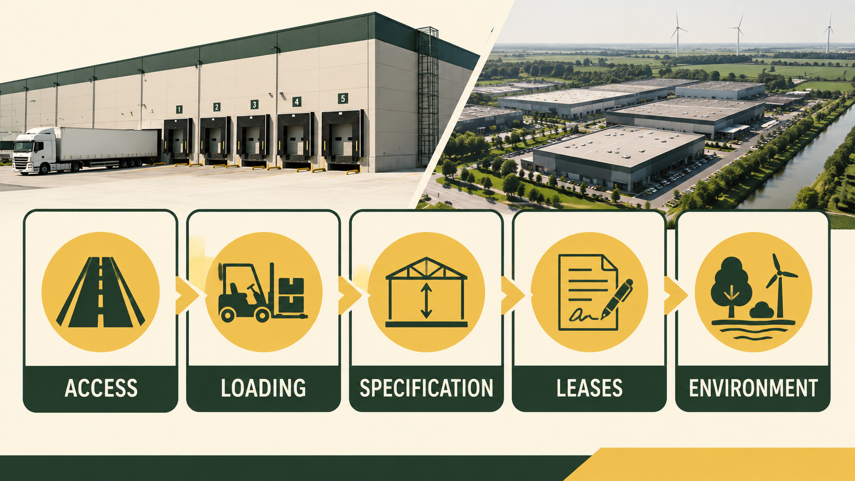 Five-check logistics valuation visual showing access, loading, specification, leases and environment