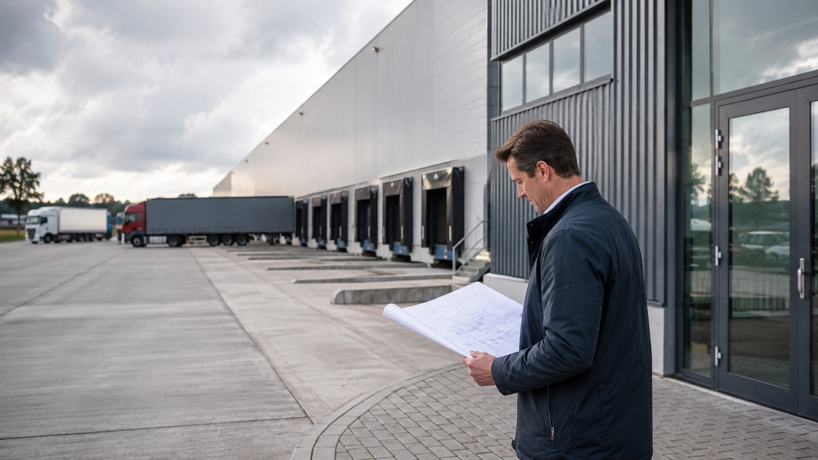 Een taxateur bekijkt een logistieke hal, laadterrein en industrieel taxatiedossier in Nederland