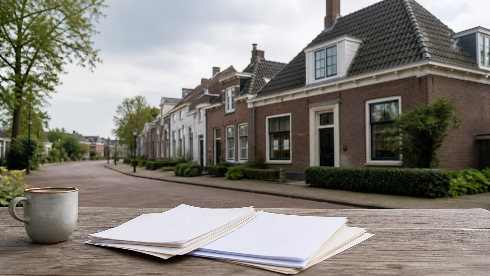 Lege taxatiepapieren op een tafel buiten een Nederlandse woning
