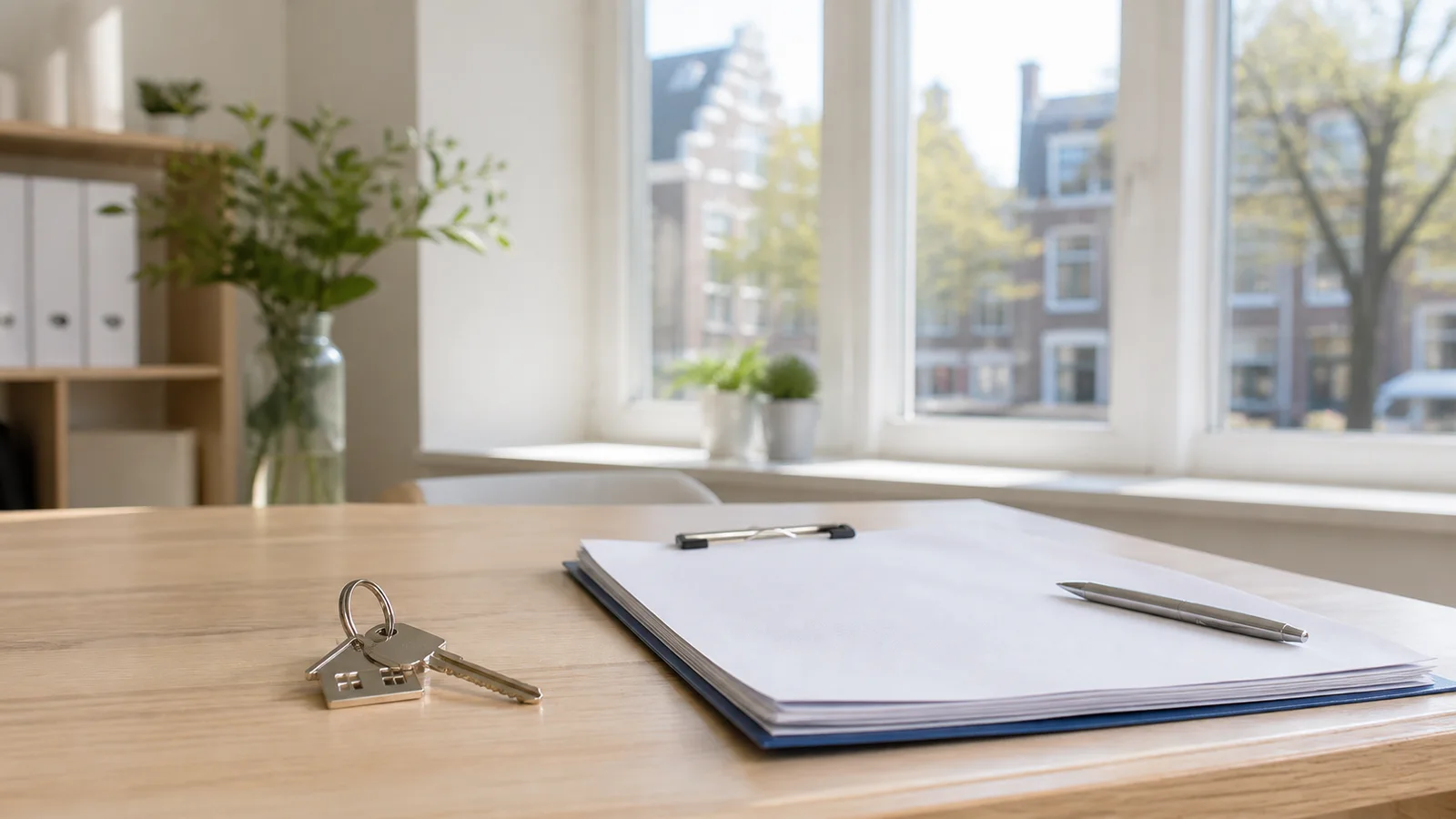 Een huissleutel en lege hypotheekpapieren op een bureau