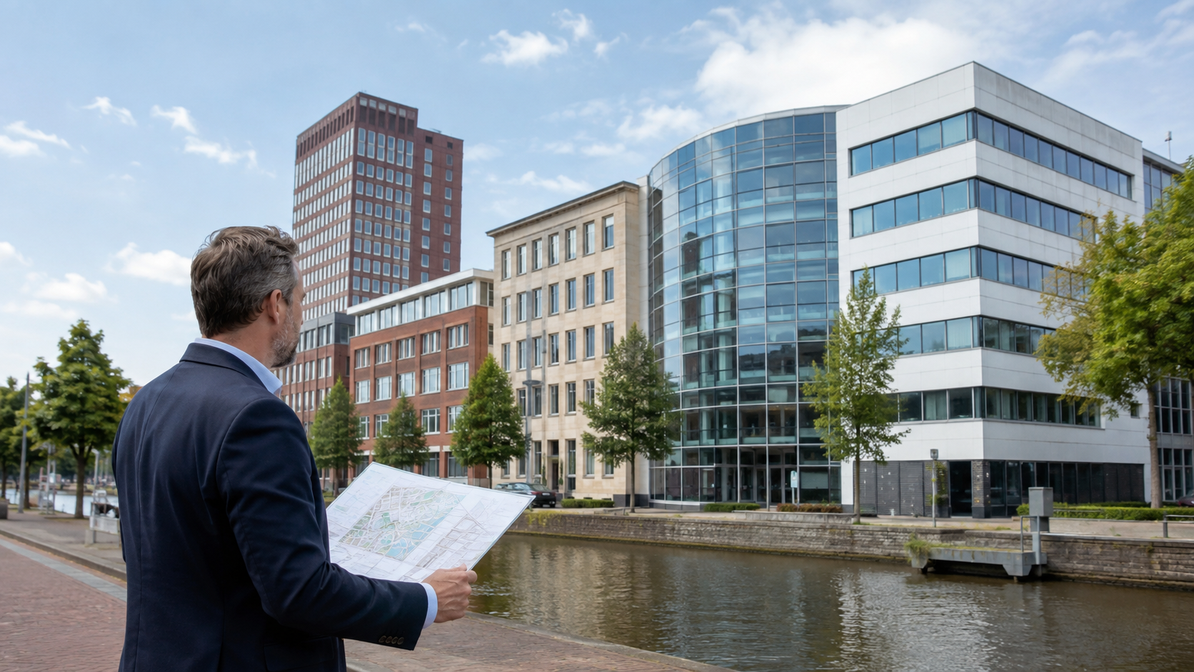 Een taxateur bekijkt meerdere kantoorobjecten, een huurmatrix en een taxatiedossier in Nederland