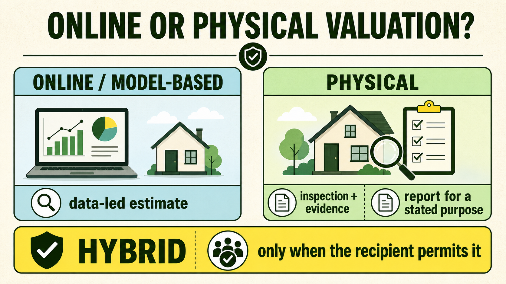 Infographic comparing an online or model-based estimate with a physical inspection and recipient-approved hybrid method