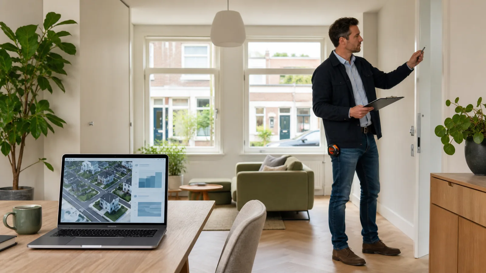 Een Nederlands interieur met een laptop met woninggegevens naast een taxateur die dezelfde ruimte opneemt