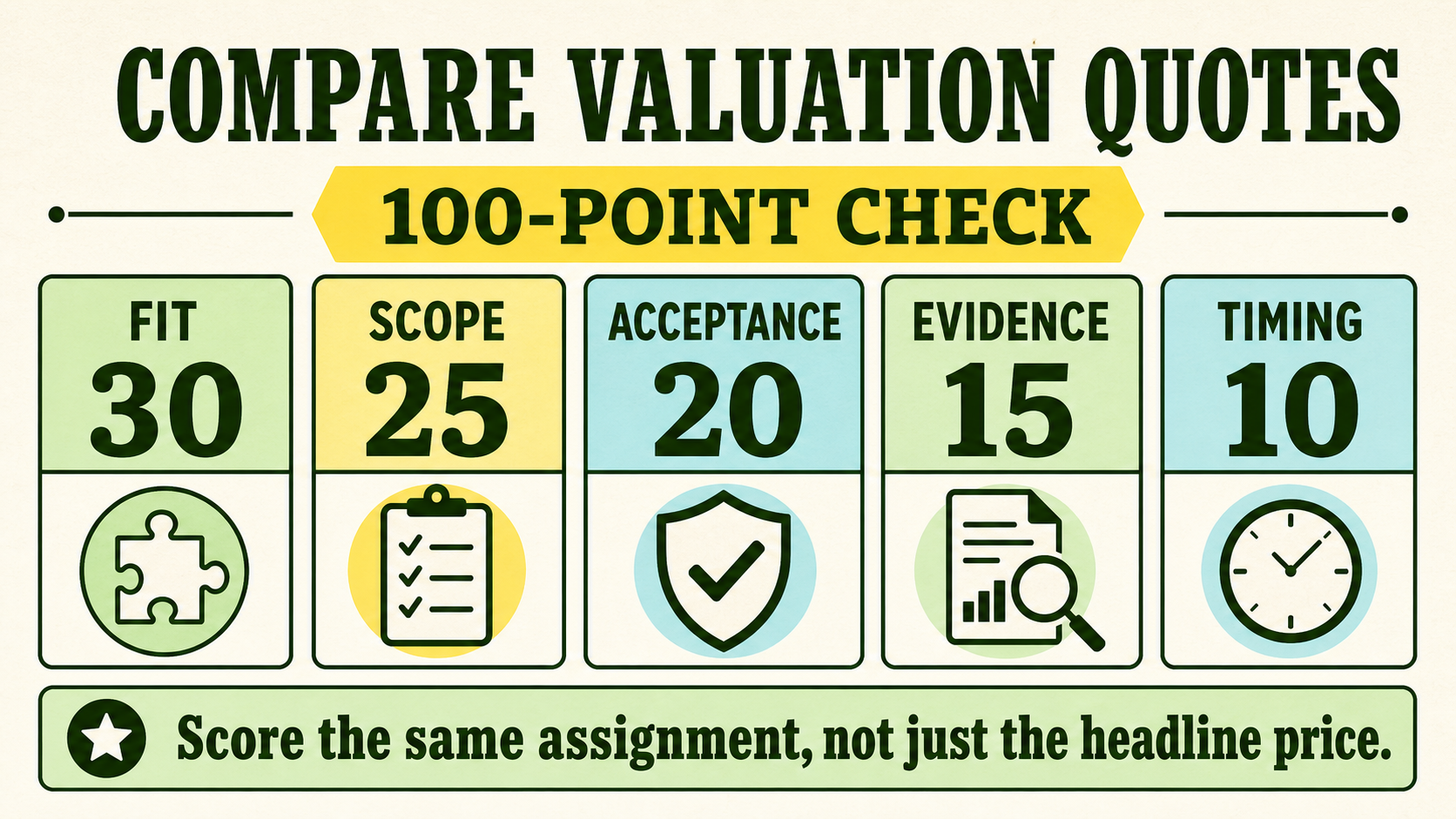100-point infographic for comparing valuation quotes by fit, scope, acceptance, evidence and timing