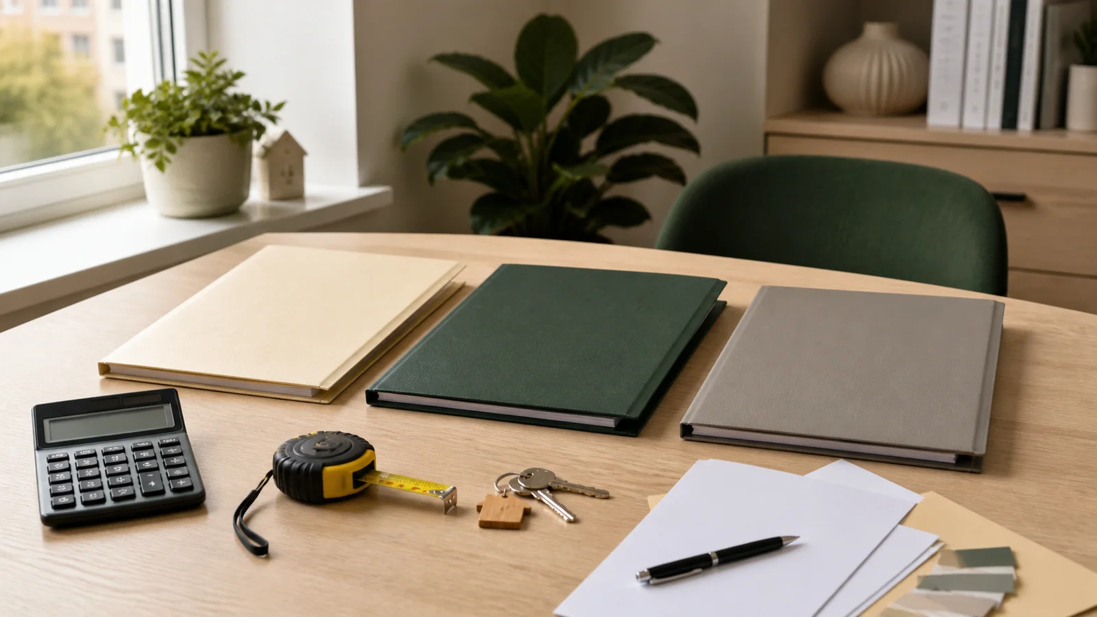 Drie taxatiemappen, een rekenmachine, meetlint en huissleutels op een Nederlandse werktafel