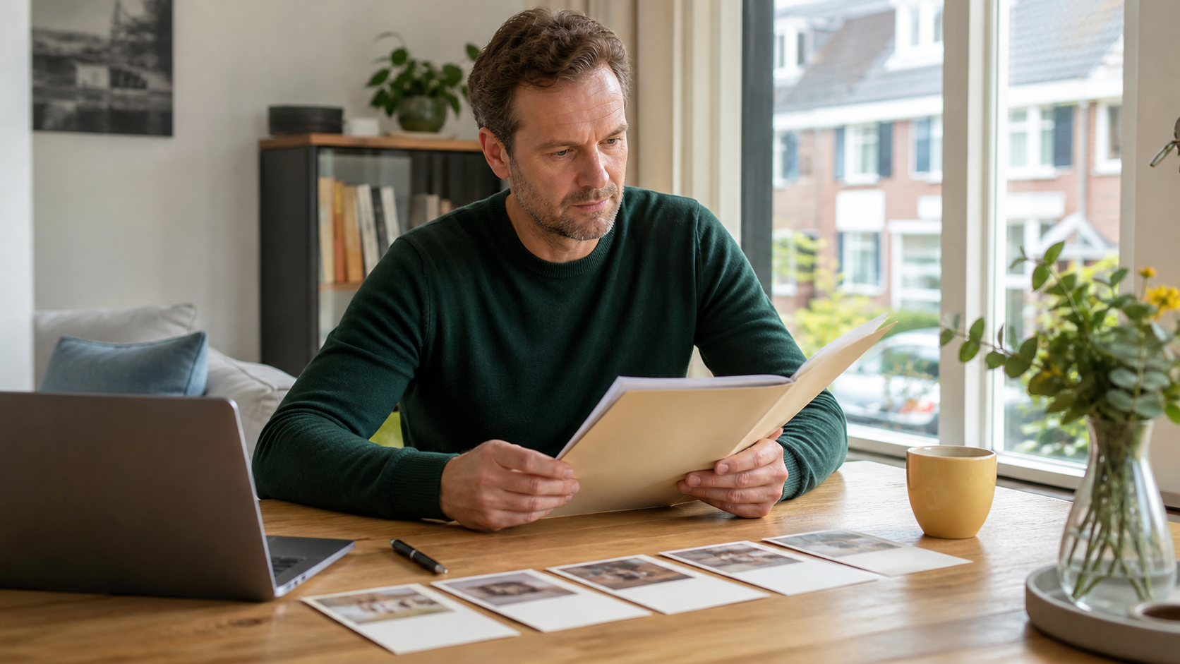 Een woningeigenaar vergelijkt een taxatiedossier met kaarten over ervaringen met dienstverleners
