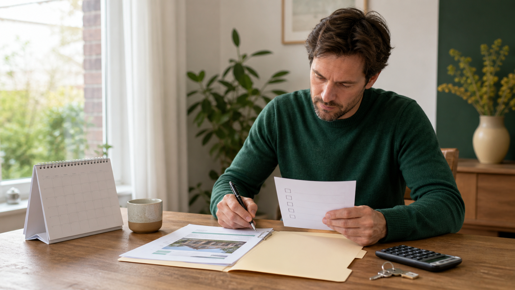 Een koper controleert een keuzelijst voor een taxateur naast een taxatierapport, kalender en huissleutels
