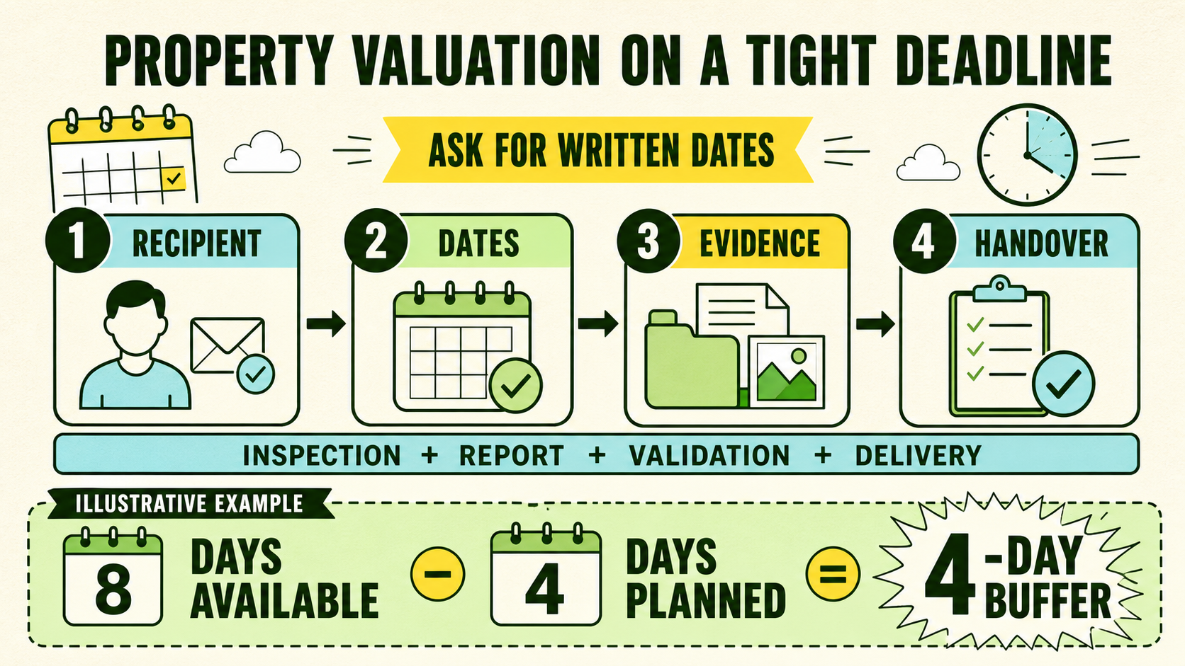 Four-step infographic showing recipient, dates, evidence and handover, with an illustrative eight-days-minus-four-days buffer calculation