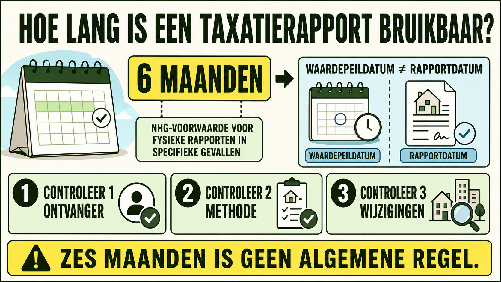 Infographic over de voorwaardelijke NHG-context van zes maanden, waardepeildatum tegenover rapportdatum en drie controles voor hergebruik