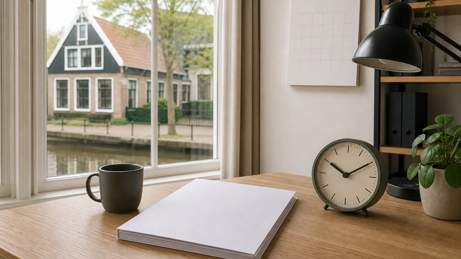 Een lege map met een taxatierapport en een klok op een bureau met een Nederlandse woning achter het raam